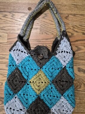 Handmade Crochet Diamond Granny Square Tote Bag in Teal, Gray & Olive
